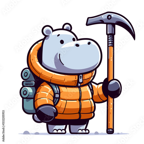 Hippo mountaineer in orange jacket holding ice axe. Vector illustration perfect for adventure themes, extreme sports or outdoor expedition concepts.