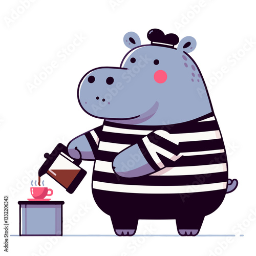 Hippo barista making coffee in striped shirt. Vector illustration ideal for cafe advertising, coffee shop branding, barista skills and beverage service concepts.