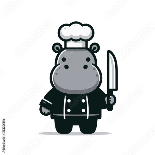 Hippo chef in black uniform holding knife. Vector illustration ideal for culinary arts, restaurant business, cooking expertise and food preparation concepts.
