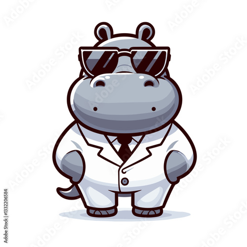 Sophisticated hippo in white coat wearing sunglasses. Vector illustration perfect for luxury brands, fashion concepts, celebrity status, and professional services.