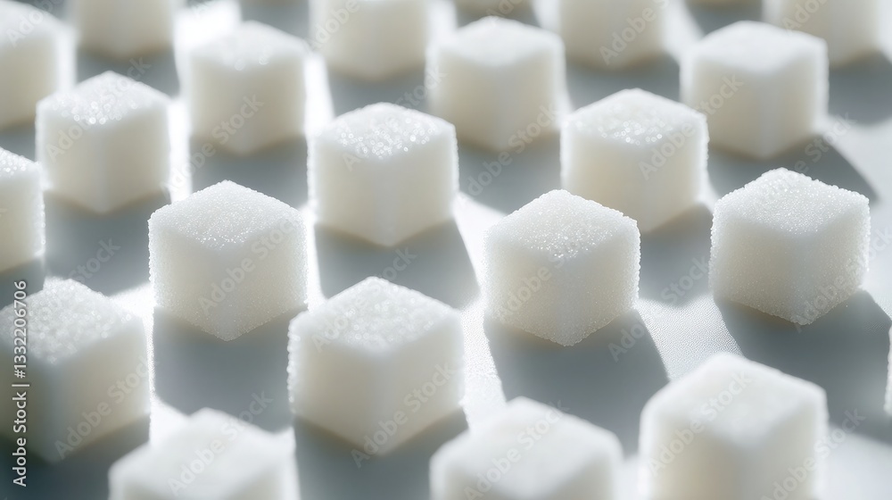 A collection of white sugar cubes arranged in a geometric pattern on a smooth white surface. A collection of white sugar cubes arranged in a geometric pattern on a smooth white surface.