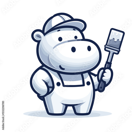 House painter hippo in white overalls with brush. Vector illustration for home improvement services, renovation contractors or DIY project tutorials.
