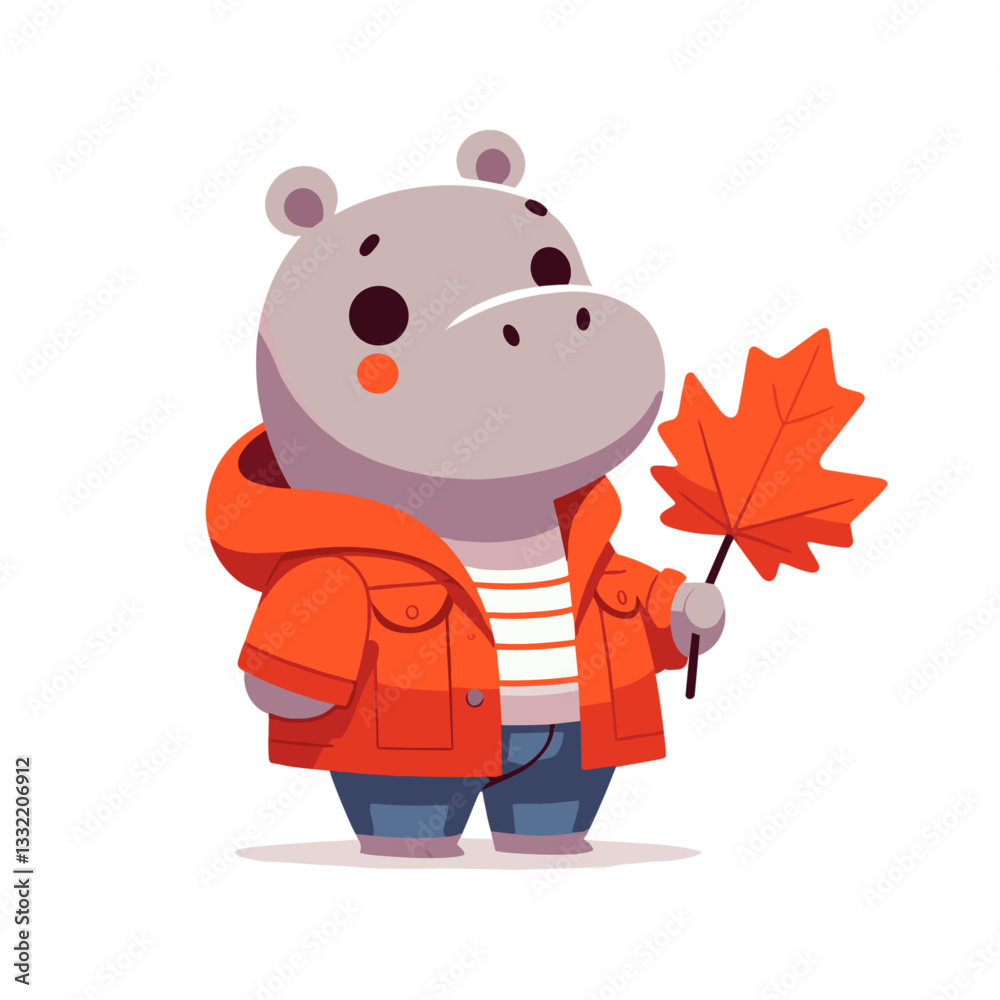 Naklejka premium Autumn hippo in orange jacket holding maple leaf. Vector illustration for fall season content, nature walks or seasonal fashion collections.