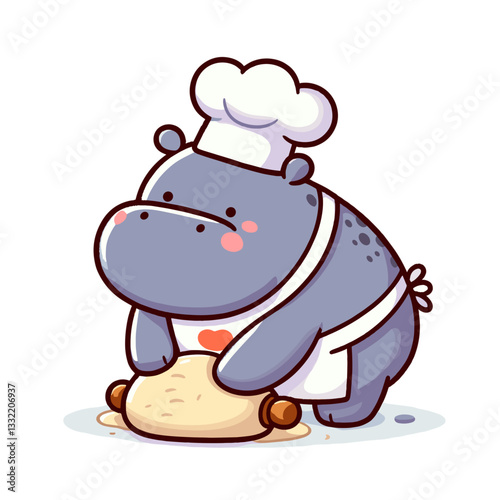 Baker hippo rolling dough with chef hat. Vector illustration for bakery businesses, cooking classes or bread-making tutorial content.