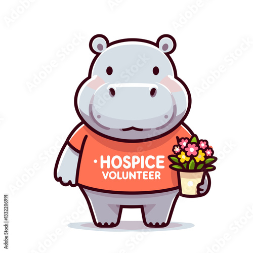 Volunteer hippo in orange t-shirt holding potted flowers. Vector illustration for hospice care, community service or charitable organization branding.