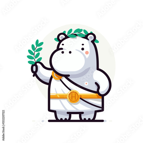 White hippo in toga holding olive branch and medal. Vector illustration perfect for ancient history themes, Olympic concepts or victory celebration imagery.
