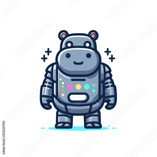 Gray hippo in robot costume with digital display. Vector illustration perfect for technology themes, artificial intelligence concepts or future innovation visualization.