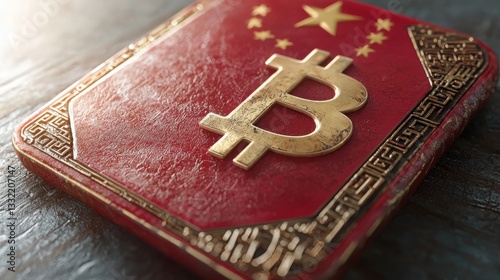 A red book featuring a golden bitcoin symbol representing a cryptocurrency wallet interface in a modern digital world