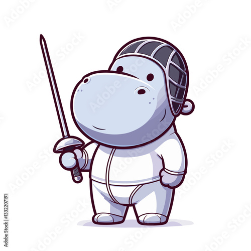 Lavender hippo fencer in white uniform with sword. Vector illustration perfect for sports themes, precision competition concepts or elegant athletic representation.