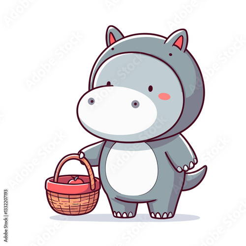 Gray hippo in cat costume with basket. Vector illustration ideal for costume themes, character transformation concepts or playful identity representation.