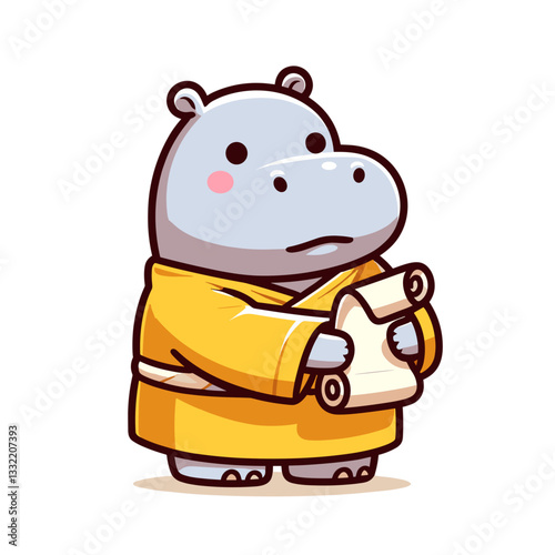 Hippo monk in yellow robe holding scroll. Vector illustration concept for spiritual guidance service or meditation app character design.