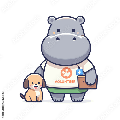 Volunteer hippo in apron with dog and badge. Vector illustration concept for animal shelter mascot or charitable organization character design.