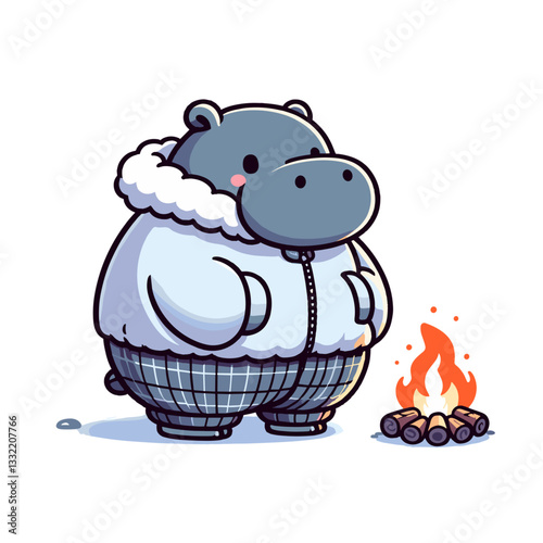 Gray hippo in white winter jacket by campfire. Vector illustration ideal for outdoor winter activities, camping adventures, cold weather survival and nature retreats.
