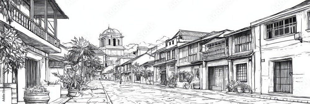 Naklejka premium Spanish Colonial Street Scene Line Art - Black and white line art depicting a charming Spanish colonial street scene, symbolizing history, architecture, tranquility, culture, and heritage
