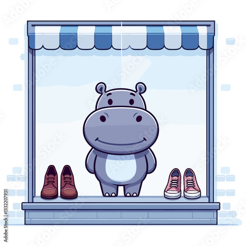 Hippo in store window display with shoes. Vector illustration perfect for retail business, shop window design, merchandise presentation and customer attraction concepts.