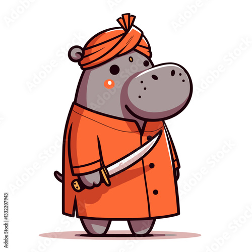 Sikh hippo in orange turban and robe. Vector illustration ideal for cultural diversity content, spiritual practices, and storytelling about traditional communities.