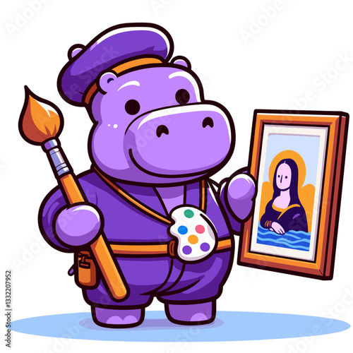 Artist hippo in purple beret holding painting brush and Mona Lisa. Vector illustration perfect for art education, creative workshops, and museum promotional content.