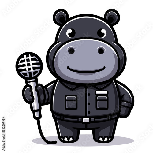 Singer hippo in black outfit holding microphone. Vector illustration ideal for music events, entertainment industry, performance arts, and audio recording projects.