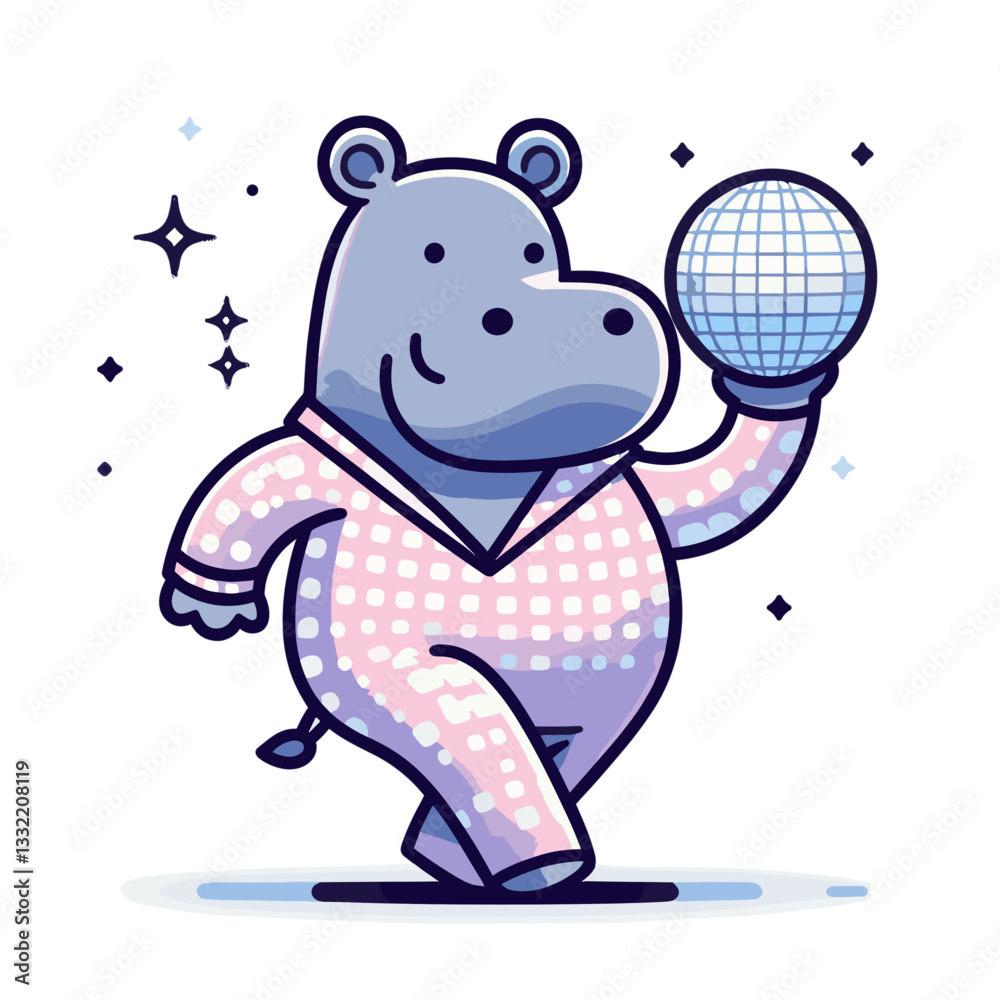 Obraz premium Disco hippo in sparkly outfit holding mirror ball. Vector illustration for dance events, retro parties or entertainment venue promotions.