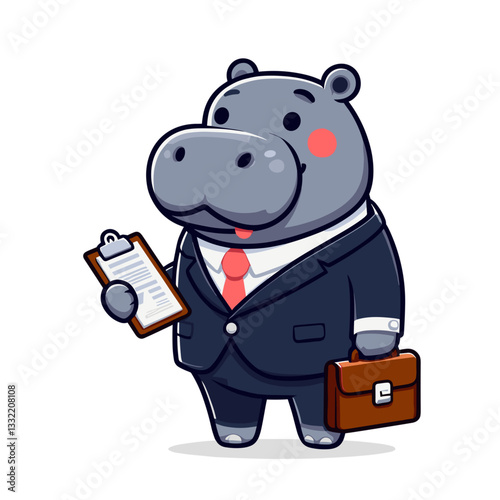 Business hippo with clipboard and briefcase in formal suit. Vector illustration for corporate management, office administration or professional services concepts.