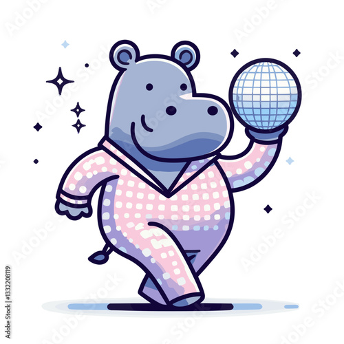 Disco hippo in sparkly outfit holding mirror ball. Vector illustration for dance events, retro parties or entertainment venue promotions.