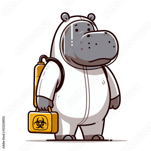Medical hippo in hazmat suit with biohazard bag. Vector illustration for laboratory safety, infectious disease control or medical waste management concepts.