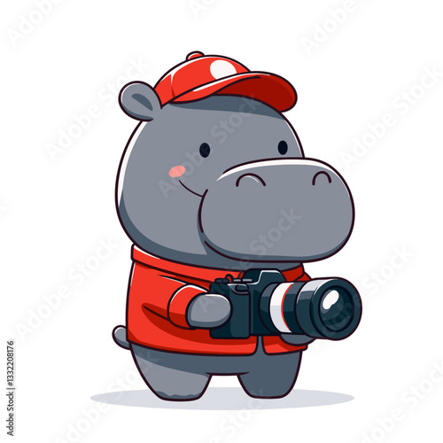 Photographer hippo with camera and red cap. Vector illustration for photography services, travel documentation or visual content creation concepts.