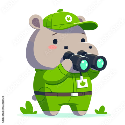 Nature explorer hippo with binoculars and green outfit. Vector illustration for wildlife observation, outdoor adventures or nature conservation concepts.