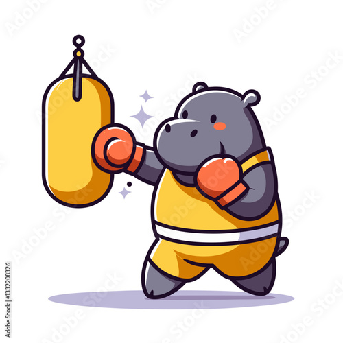 Gray hippo boxer hitting punching bag in yellow shorts. Vector illustration ideal for sports themes, fitness motivation or combat training concepts.