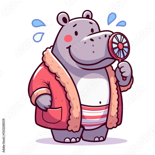 Purple hippo in red winter coat with pinwheel. Vector illustration ideal for cold weather themes, outdoor activities or seasonal fashion concepts.