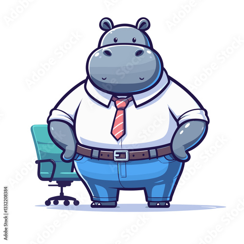 Blue hippo office manager in shirt and tie. Vector illustration perfect for corporate themes, professional workplace concepts or business management representation.
