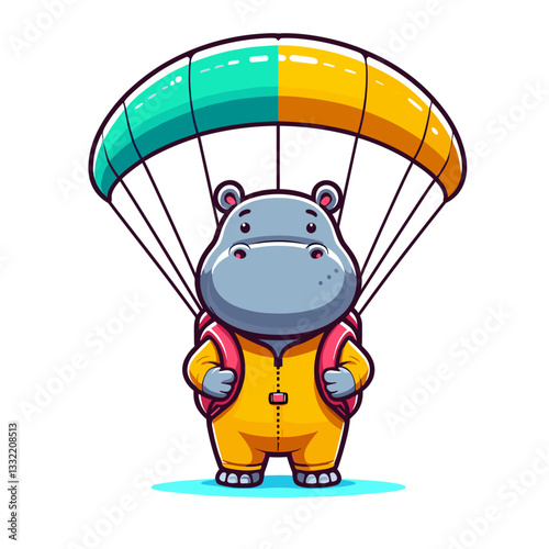 Hippo skydiver landing with colorful parachute. Vector illustration concept for adventure tourism or extreme sports brand character design.