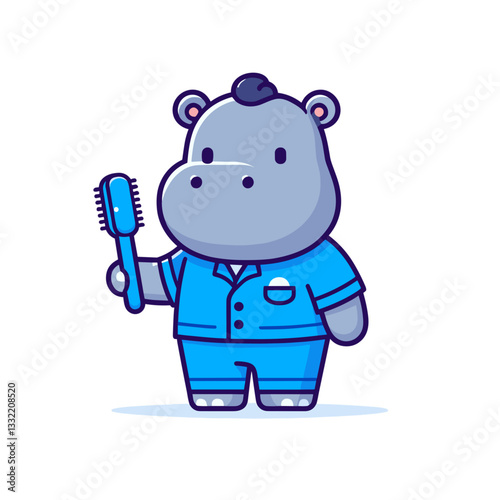 Hippo in blue pajamas holding toothbrush. Vector illustration concept for dental health education or bedtime routine character design for children.
