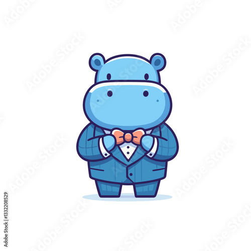 Blue hippo in formal tuxedo with bow tie. Vector illustration perfect for formal events, gala occasions or upscale ceremony representation.