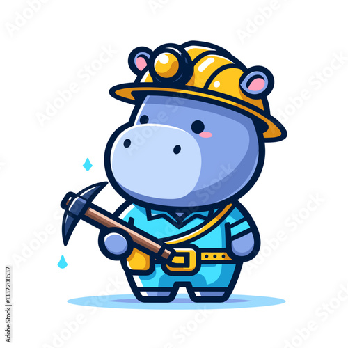 Blue hippo miner with hard hat and pickaxe. Vector illustration ideal for industrial themes, resource extraction or underground work representation.