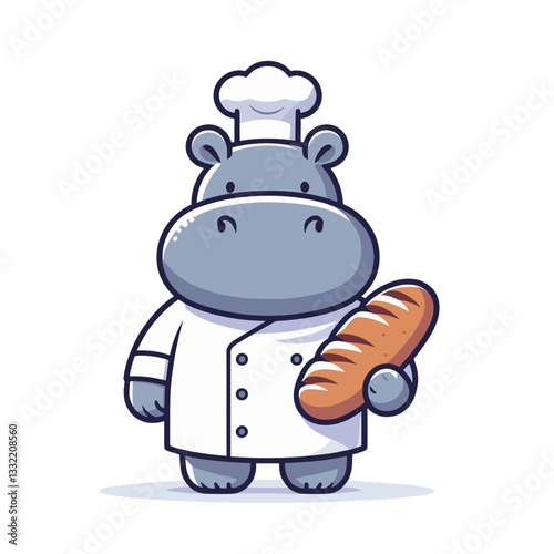 Baker hippo chef in white uniform holding bread. Vector illustration concept for bakery business mascot or culinary arts character design.