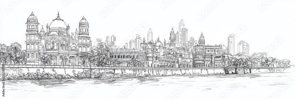 Mumbai Skyline A Pen-and-Ink Architectural Sketch - A pen-and-ink drawing showcasing Mumbai's architectural blend of historical and modern buildings Mumbai Skyline A Pen-and-Ink Architectural Sketch - A pen-and-ink drawing showcasing Mumbai's architectural blend of historical and modern buildings