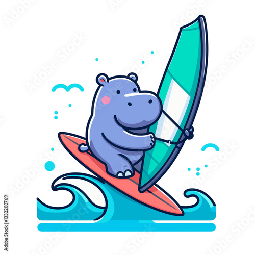 Blue hippo surfing on waves with surfboard. Vector illustration ideal for summer sports, water activities, beach lifestyle and tropical vacation concepts.