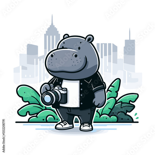City photographer hippo with camera and urban background. Vector illustration ideal for photojournalism, urban exploration, creative professions and street photography concepts.