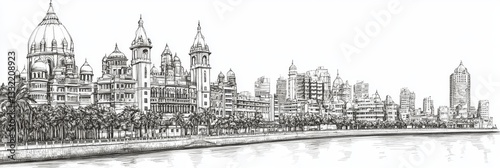 Mumbai Skyline Pen and Ink Drawing - Elegant line art depicting Mumbai's architectural beauty, symbolizing history, culture, progress, coastal charm, and urban vibrancy