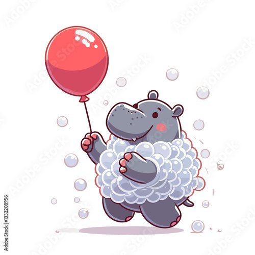 Fluffy hippo with red balloon surrounded by bubbles. Vector illustration ideal for celebration themes, cheerful concepts, birthday parties and joyful childhood representations.