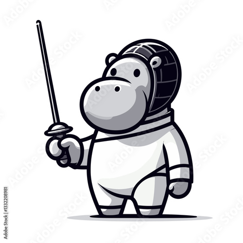 Hippo fencer in white uniform holding sword. Vector illustration perfect for sports competition, martial discipline, Olympic events and professional swordsmanship concepts.