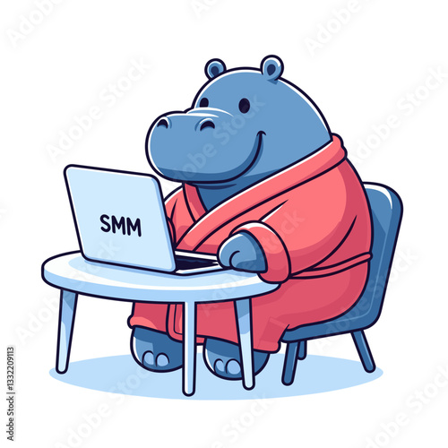Social media manager hippo in coral sweater working on laptop. Vector illustration perfect for digital marketing, remote work, and online business promotions.