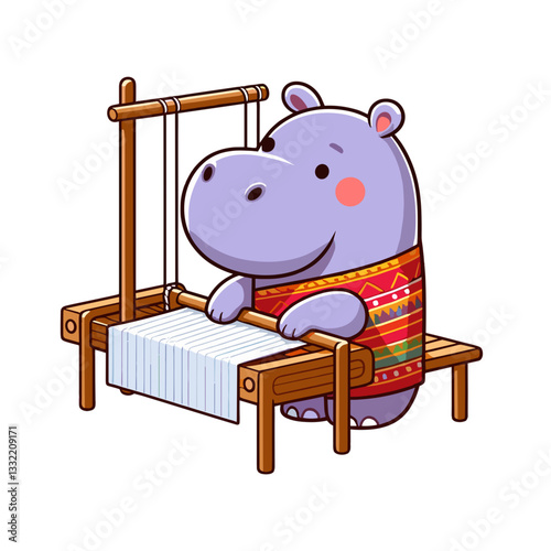 Weaver hippo at wooden loom creating fabric. Vector illustration perfect for textile arts, traditional crafts, artisanal production, and cultural heritage.