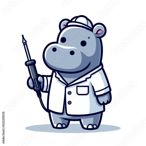 Medical hippo in white coat holding syringe. Vector illustration ideal for healthcare education, vaccination campaigns, and pediatric medical services.