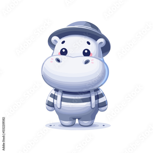Mime hippo in striped shirt and beret. Vector illustration perfect for performance arts, street entertainment, theater productions, and cultural events.