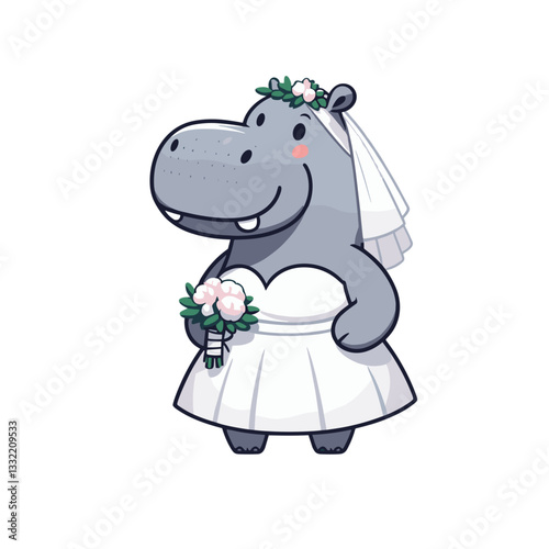 Bride hippo in white wedding dress with bouquet. Vector illustration for matrimonial services, bridal fashion or special occasion celebration concepts.