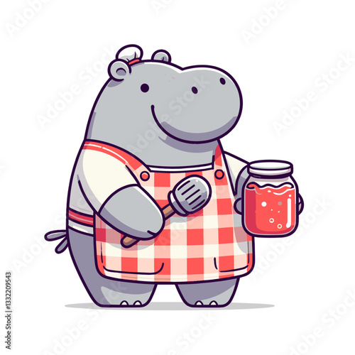 Hippo in checkered apron holding jam jar. Vector illustration for home canning, artisanal food production or country kitchen concepts.