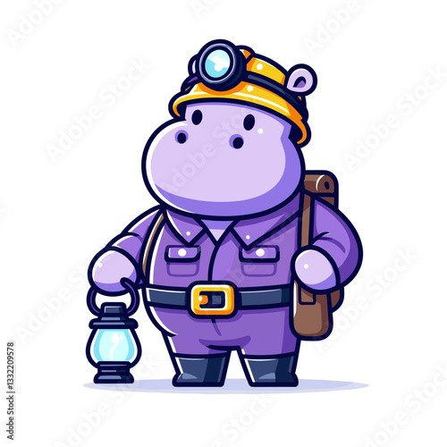 Miner hippo in purple uniform with headlamp and lantern. Vector illustration for underground occupations, resource extraction or industrial safety concepts.