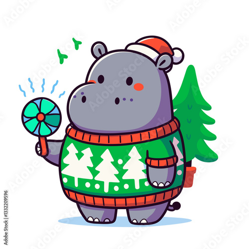 Christmas hippo in festive sweater holding ornament. Vector illustration for holiday celebrations, seasonal decoration or winter themed greeting concepts.